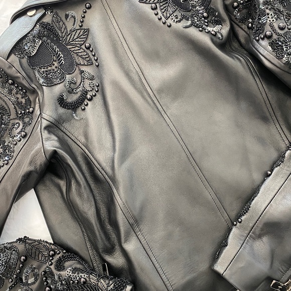 Nour Hammour Sophia Zip-Front Leather Jacket w/ Studded Embroidered Sleeves - Picture 5 of 14